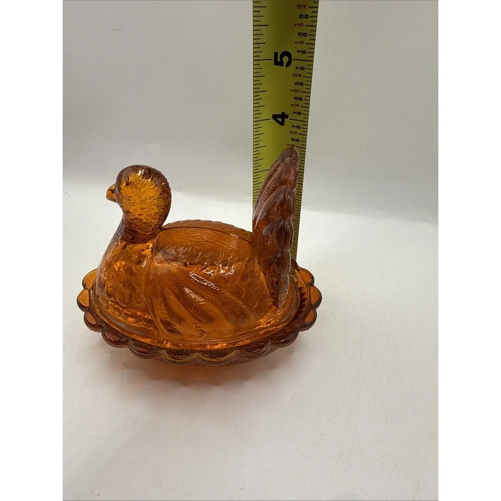 Vtg Indiana ND‎ Amber Orange Glass Small Turkey On A Nest Candy Dish 4.5